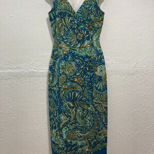 Vintage Maggy London Silk Sleeveless Midi Dress Tie Back Lined Blue Multi Sz 10